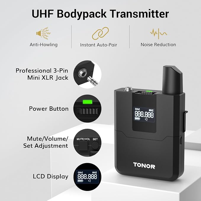 TONOR Wireless Microphone System, Handheld Mic Set with Headset/Lapel Mics | Lavalier Mic with Bodypack Transmitter, Receiver, 60 m/200ft Range Compatible with PA Speaker, for Karaoke, Singing, Church - Image 6