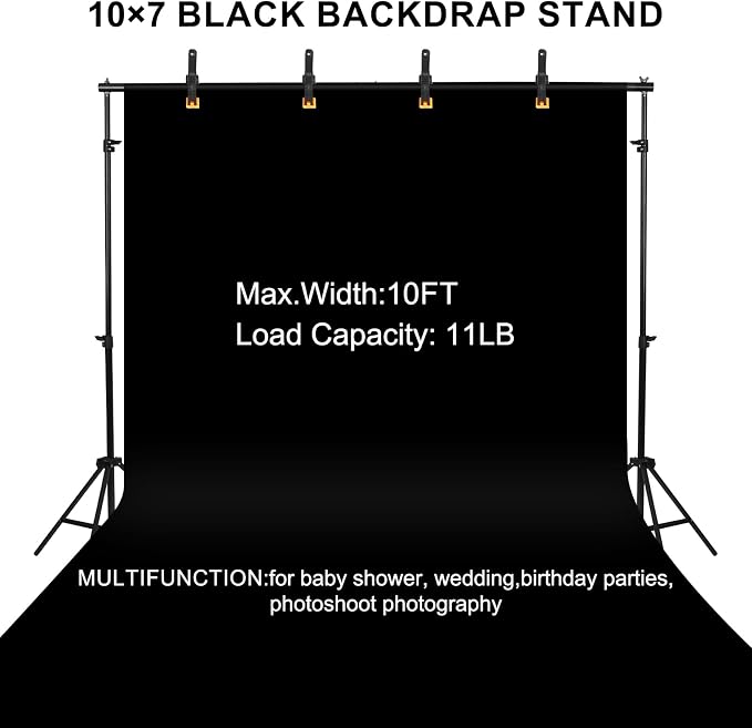 10x7ft Adjustable Photography Backdrop Stand Kit – Photo Studio Background Support with 4 Crossbars, 4 Clamps, 2 Sandbags (with 10 * 7 Feet Black Backdrop Curtain) - Image 2
