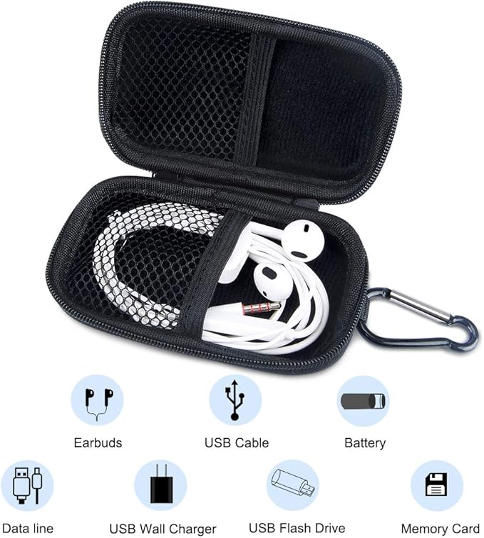 Electronic Organizer Case, Portable Clamshell Headphones Cover, Storage Bag | Storage Bag Pouch with Metal Carabiner Clip for USB Cable Charger Earphones Memory Cards U Disk Lens Filter Keys Coins, Blue - Image 2