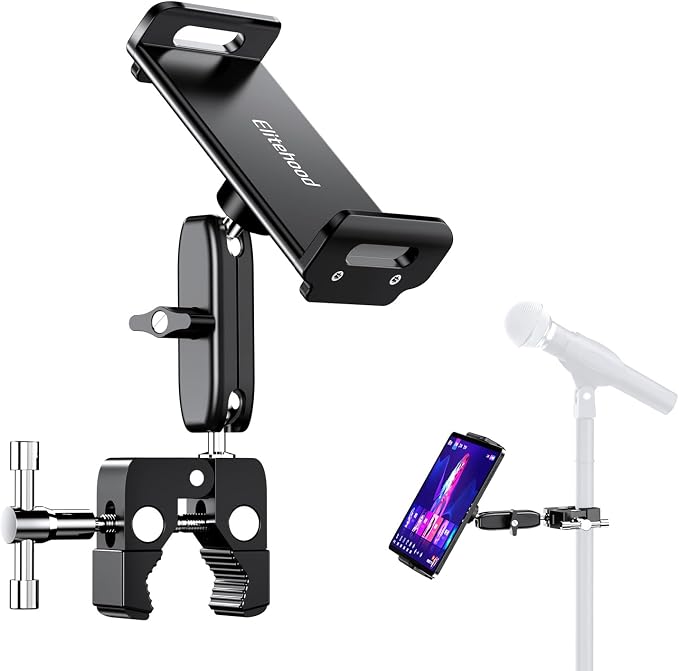 elitehood Universal iPad Mount Clamp, Metal Clip On Tablet Holder for Mic | Dual Adjustable Ball Head, Aluminum iPad Holder for Mic Stand, iPad Pole Mount for Drum Mic Yoke Boat Wheelchair Stroller by Builtyourelitelive
