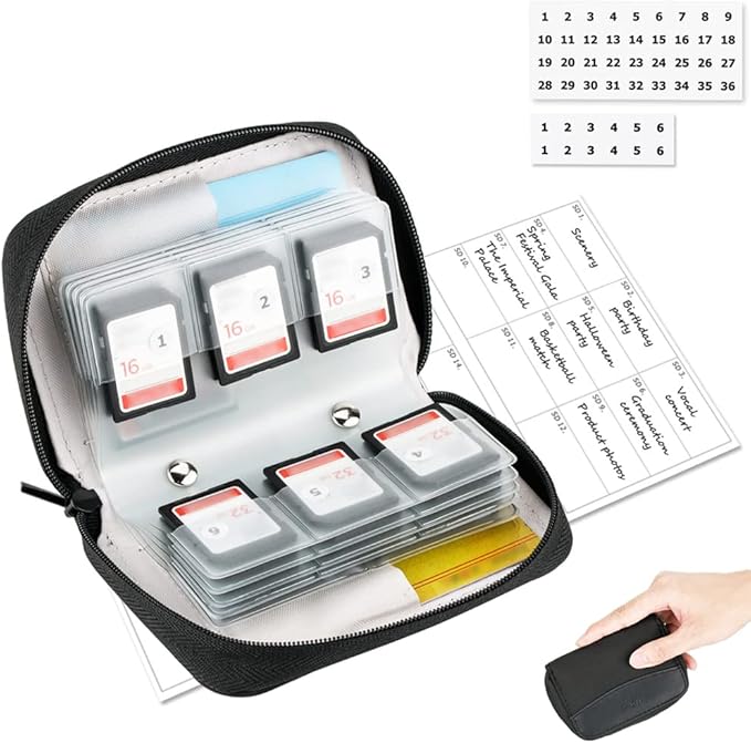 28 Slots SD Card Holder Case with Labels for 24 SD+4 CFB Cards | Holds 24 SD + 4 CF/XQD. Number stickers + notepaper for indexing. Durable polyester. Transparent slots memory Card case. by KIWIFOTOS
