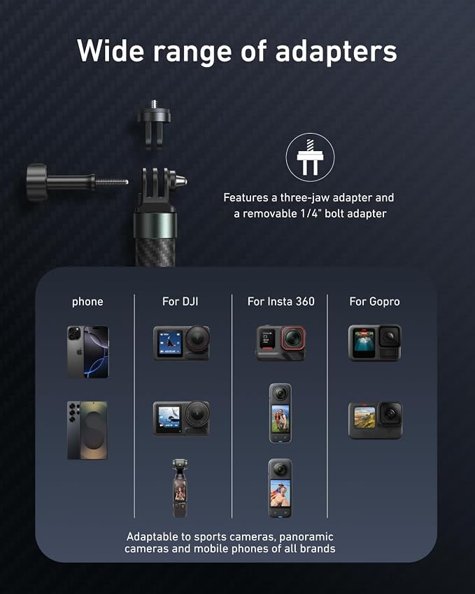 TELESIN 120cm/47.2in Invisible Selfie Stick for GoPro DJI Insta360 | Carbon Fiber Waterproof Long Pole for DJI Osmo Nano Action 6 5 Pro 4 Pocket 4 3 GoPro 13-5 Insta360 Luna Ultra X5 Xtra Muse - Image 6