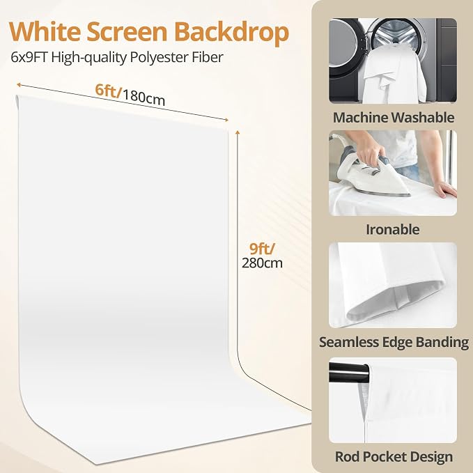 10x7ft Photo Backdrop Stand Kit with 6x9ft White Backdrop Screen | Portable Photography Frame, Adjustable Support kit with 6 Clamps, Carry Bag for Photo, Video Recording, Streaming, Decoration - Image 2
