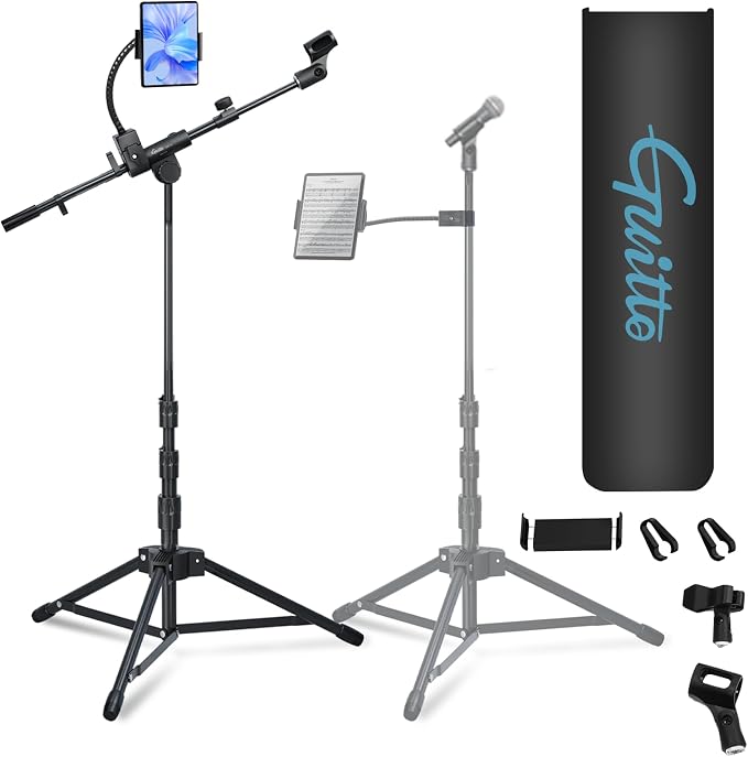 Microphone Floor Stand with Phone/Tablet Holder, Adjustable Boom Mic Stand with Heavy-Duty Base, Dual Device Mount for Streaming, Podcasting, Recording, and Live Performances GMS-04 by Guitto