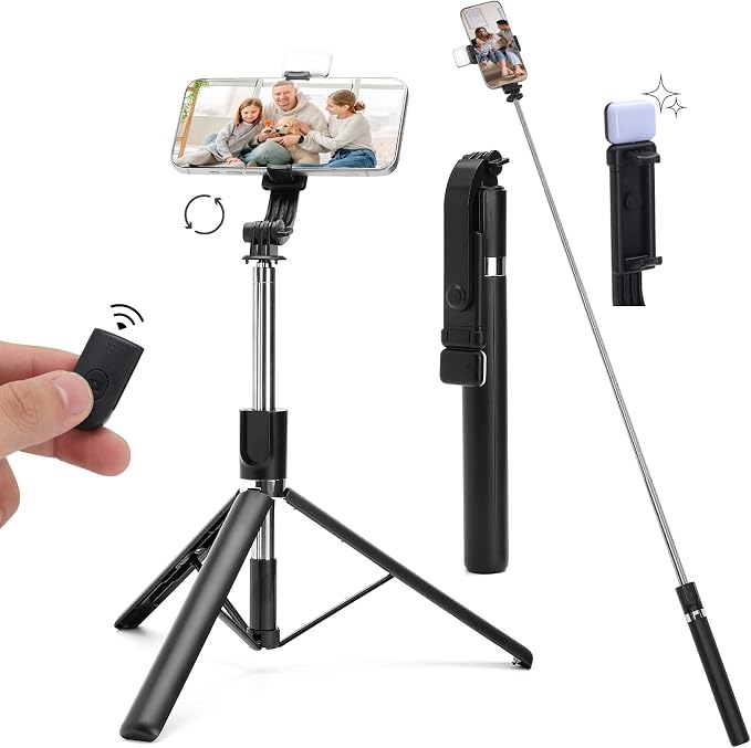 67Inch Extendable Phone Selfie Stick with Wireless Remote, Tripod Stand and Fill Light, Portable, for Photograph, Live Streaming, Video Recording, Compatible with iPhone Samsung Android Gopro by Unknown