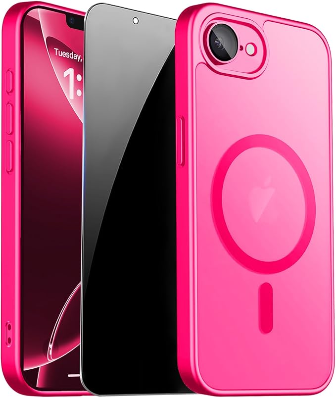 Magnetic for iPhone 17e Case & iPhone 16e Case, Hot Pink | Full Camera Protection, with Privacy Screen Protector, Compatible with MagSafe, Matte Shockproof Phone Cover for 17 e / 16 e by ZOZDOKG