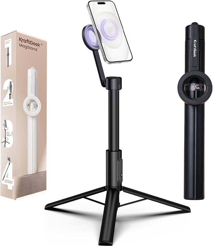 KraftGeek Magnetic Phone Tripod for iPhone, 64" Selfie Stick for Magsafe | N52 Magnetic Mount, Reinforced Aluminum, Portable Cell Phone Tripod Stand with Remote for Travel & Video Recording by KraftGeek