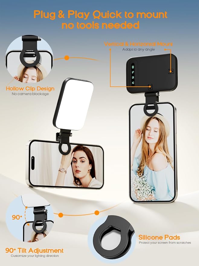 Selfie Light – Rechargeable Phone Light Clip with Digital Display, 3 Light Modes & 10 Brightness Levels for TikTok, Vlog, Makeup, Zoom - Image 6