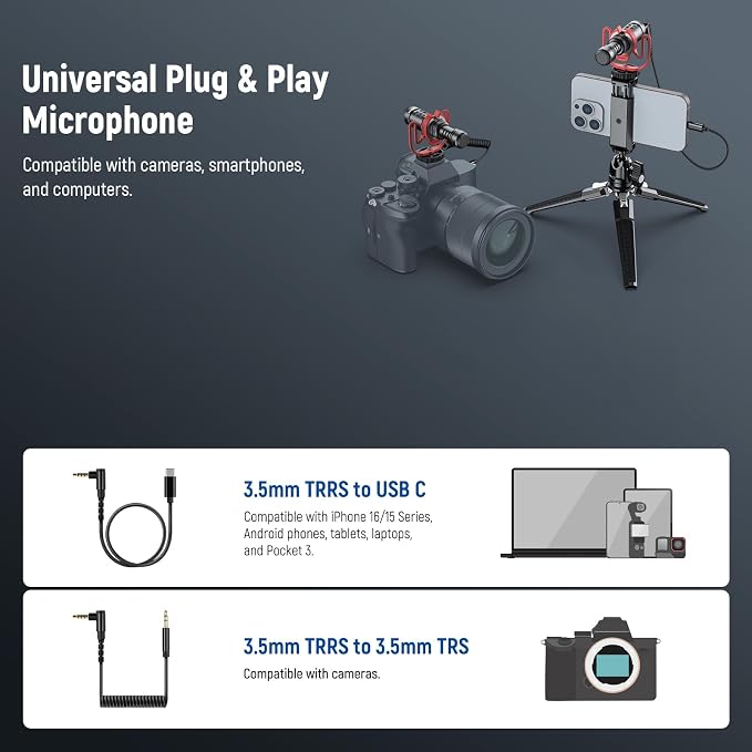 NEEWER Plug & Play Vlog Microphone, 20-20KHz Mini Supercardioid Mic with 3.5mm TRRS, Low Frequency Cut, Gain Control, Two OTG Compatible with iPhone 16 15 S25 Ultra Android Tablet Mac Camera, VM11 - Image 7
