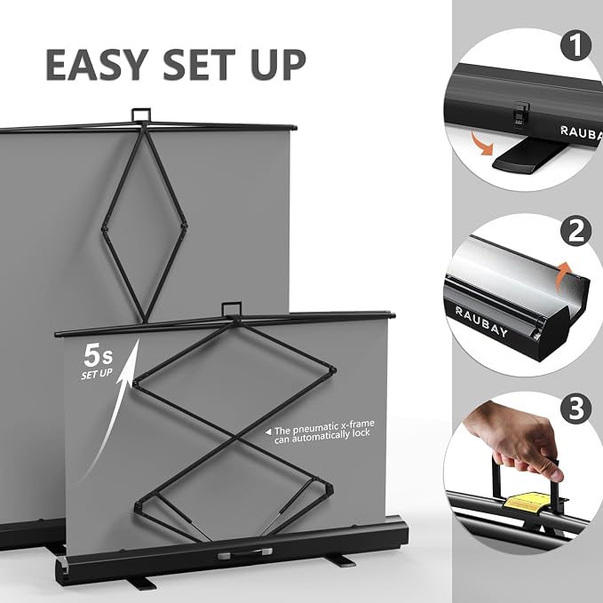 【Easy Set-Up】 RAUBAY 59.8 x 82.7in Collapsible Gray Backdrop Screen | Portable Retractable Panel Photo Grey Background with Stand for Video Conference, Photographic Studio, Streaming - Image 4