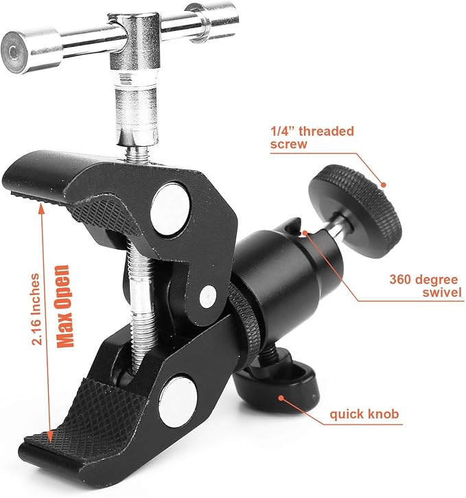 ChromLives Camera Clamp Mount Ball Head Clamp Super Clamp and Mini Ball Head Hot Shoe Mount Adapter with 1/4"-20 Tripod Screw Compatible with LCD/DV Monitor, LED Lights, Flash Microphone and More - Image 2