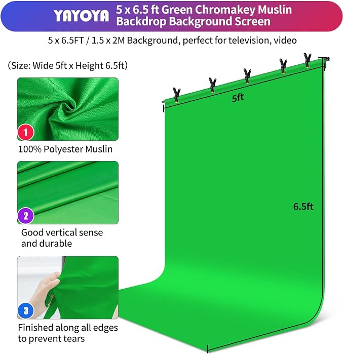 Green Screen Backdrop Stand Kit, 5x6.5FT Portable Greenscreen | Adjustable, carrying bag & 5 clamps, chromakey backdrop with T shape stand, for streaming, photography, gaming, zoom, video - Image 4