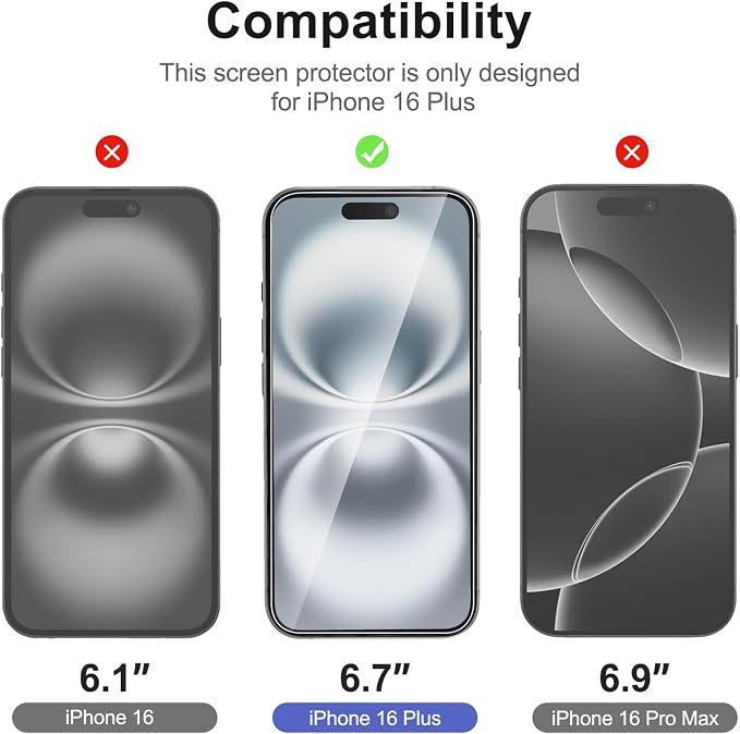 NEW'C 3x for iPhone 16 Plus Screen Protector (6.7 inches)+ 3x Camera Lens Protector, Sensor Protection, Case Friendly Tempered Glass Film + Dust Plug- Easy installation tool include - Image 2