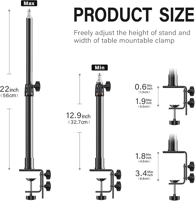 2-Pack Camera Desk Mount Stand with 1/4" Ball Head and Cold Shoe Mount Adapter,12.9-22" Tabletop Mounts Stand, Adjustable Aluminum Desktop Light Stand, for DSLR Camera, Ring Light, Video Light - Image 3