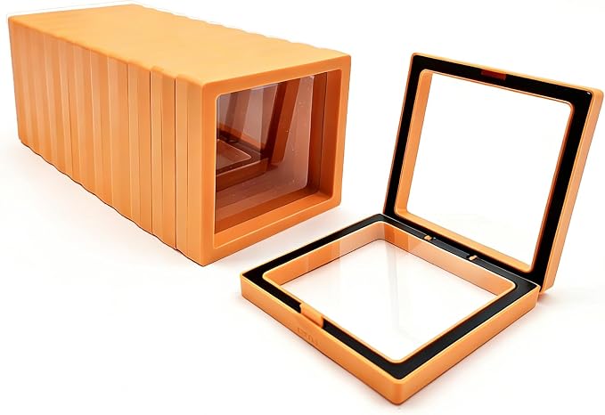 12 PCS Dual-Color Packaging Box 3D Floating Frame Display Stand, Color-Matching Packaging Display Box, Transparent Window Jewelry Case, PE Film Anti-Oxidation Storage Case. (Orange+Black) by Unknown