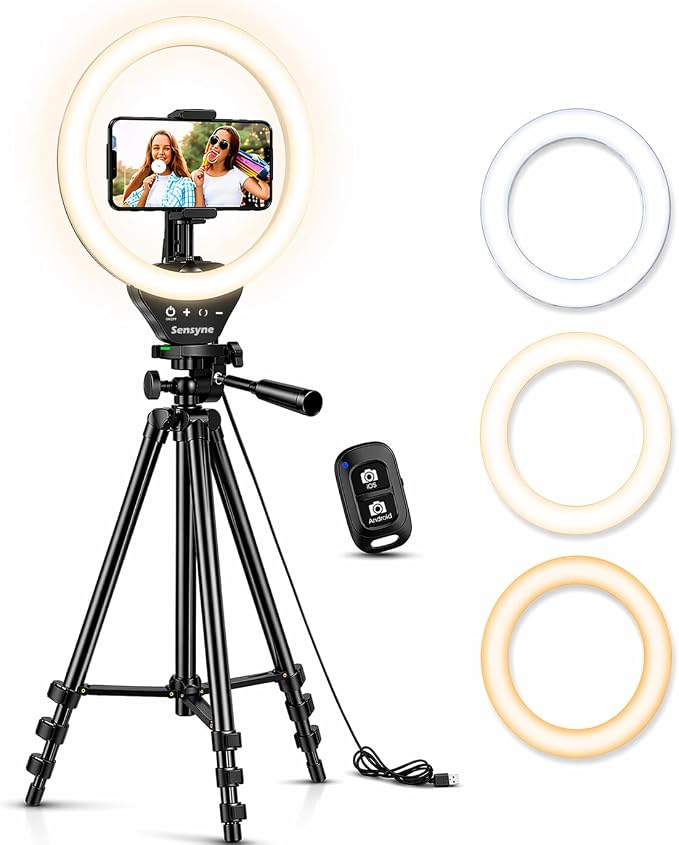 Sensyne Ring Light with Stand, 50" Phone Tripod for iPhone & Android, LED Ring Light with Remote, 3 Color Modes & 10 Brightness Levels for TikTok, Zoom & Video Recording by sensyne