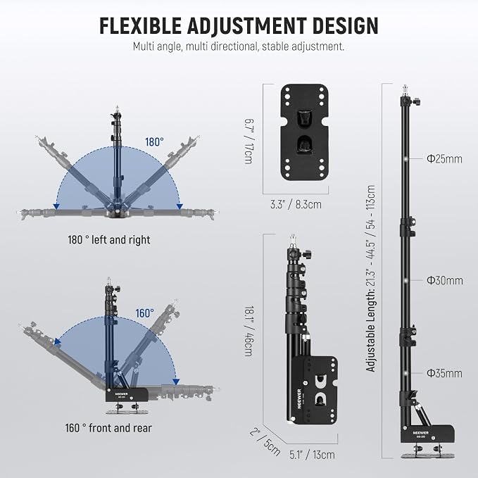 NEEWER Ring Light Wall Mount Boom Arm, 22"-46"/55-116cm, Aluminum Alloy | 180° Swivel, Triangle Light Wall Mounting, for Photography Strobe Monolight Softbox Umbrella Reflector, Max 6.6lb/3kg, WB-100 - Image 7