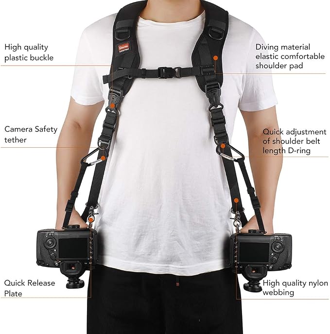 Camera Strap Double Shoulder Camera Strap Harness Quick Release Adjustable Dual Camera Tether Strap with Safety Tether and Lens Cleaning Cloth for DSLR SLR Camera - Image 6
