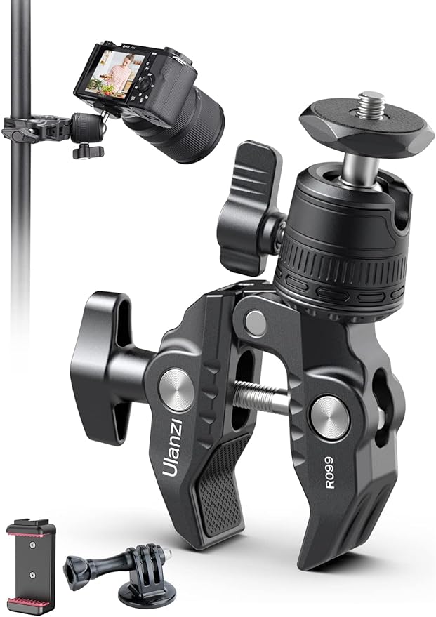 ULANZI R099 Super Clamp Camera Mount - Heavy Duty 3.3lb Load Metal Clamp with 360° Ball Head for Action Cameras (GoPro/Insta360/DJI), DSLR, Bike/Motorcycle Handlebar, Pole/Tube Mount Accessories by Ulanzi
