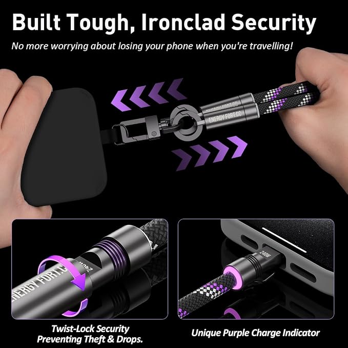 Hand Wrist Strap Lanyard Built in USB-C Fast Charging Cable Reflective Nylon Braid Anti Theft Phone Camera Strap Travel Photographers Rope for Phone DSLR DJI, Rotatable Metal Buckles (0.9FT) - Image 3