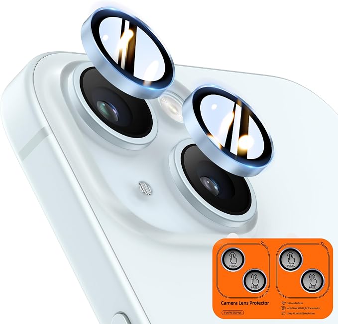 TOCOL Camera Lens Protector for iPhone 15 / iPhone 15 Plus Tempered Glass HD Individual Scratch Resistant Camera Cover Accessories Case Friendly 2 Pack（Light Blue） by TOCOL