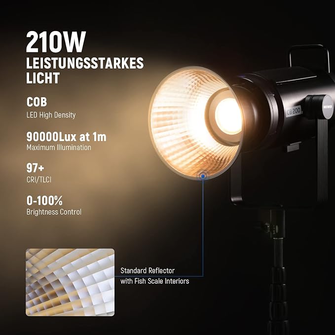 NEEWER CB200B 210W LED Video Light with 2.4G/APP Remote Control, All Metal Bi Color COB Continuous Output Lighting with Bowens Mount 90000Lux/1m 2700K-6500K CRI/TLCI97+ 12 Effects for Video Recording - Image 3