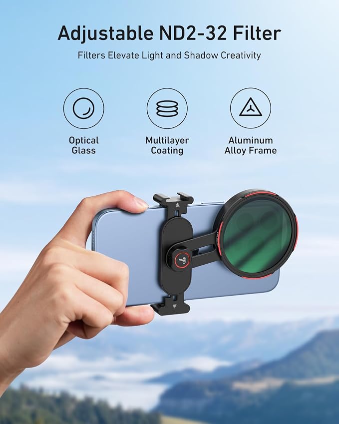 TELESIN 67mm Variable ND2-32 Filter, DSLR Camera Lens, Multi-Layer Nano-Coated Glass, AR&AF Coating, No X Pattern, Long Exposure & Motion Blur, Water & Fingerprint Protection, for Smartphone Mounts - Image 2