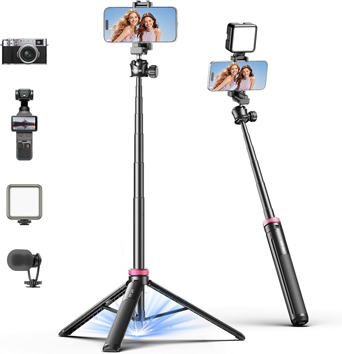 ULANZI MT44 Auto Open Phone Tripod, 59" Extendable Selfie Stick for iPhone | 360° Ball Head, 1s Pop Open , Cold Shoe, Selfie Stick Tripod w 1/4" Screw for Vlog Recording for iPhone 17 Luna Pocket 4 by ulanzi