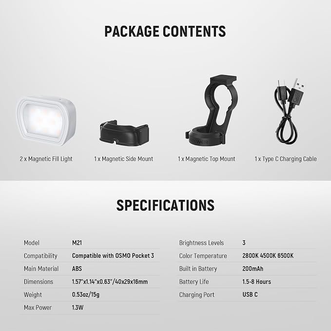 NEEWER Basics 2 Pack Magnetic Auxiliary Light Compatible with DJI OSMO Pocket 3 Gimbal Camera Creator Combo, USB C Rechargeable Mini LED Fill Light Attachment for Selfie Vlog Video Recording, M21 - Image 9