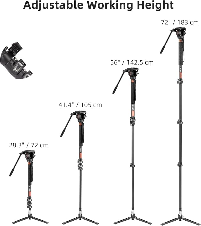 Cayer CF34 Carbon Fiber Monopod, 72" Fluid Head with Folding Base for DSLR | Carbon Fiber Monopod Kit, Fluid Head, Folding Support Base, 2 Quick Release Plates, Dual-Mode Compatible Mount - Image 7