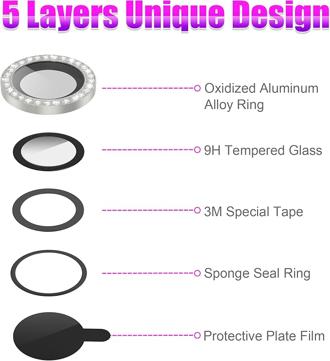 AGVEE 3+3 6 Pack for iPhone 12 Pro Max Camera Lens Protector Cover | Individual Bling Diamond & Bling Glitter Sparkle Cute Gem Metal Ring, 9H Tempered HD Glass - Image 7