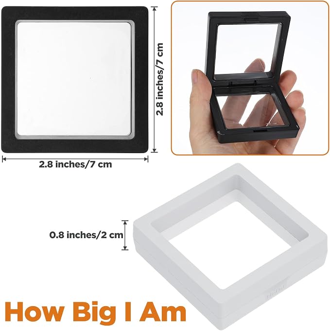 60 Pcs 3D Floating Display Case 2.8 x 2.8 x 0.8 Inch Coin Frame Display Holder Stands for Antique Challenge Coins, Jewelry, Shells, Gems, Minerals, Rocks, Specimen, Pins(Black,White) - Image 2