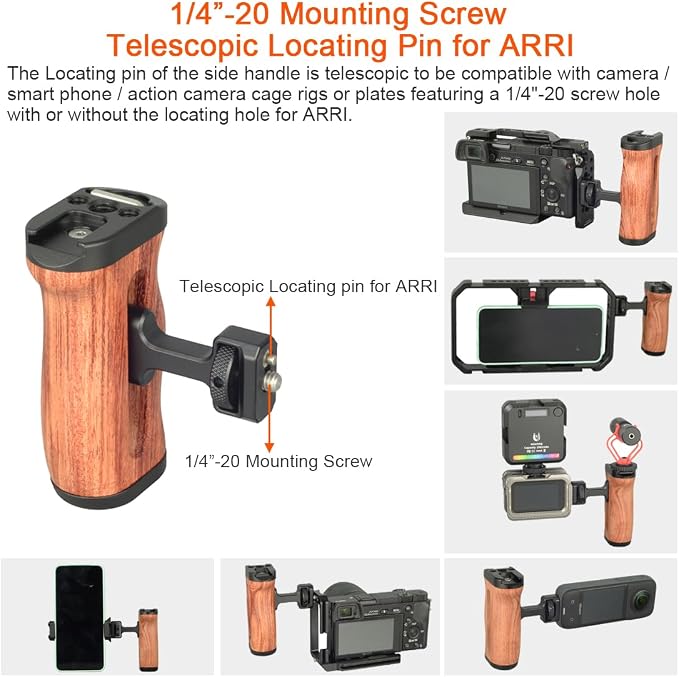 Wooden Camera Cage Side Handle Grip with 1/4" Screw Locating Mount for ARRI, Mini Side Handle for Smartphone Cage Video Rig and Action Camera Cage Compatible with Gopro/Insta360/DJI Osmo - Image 2