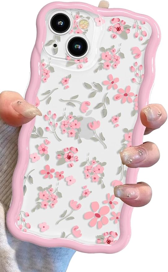 QLTYPRI for iPhone 12 Pink Flower Case, Clear Cute Pink Floral Flower Phone Case Curly Wavy Aesthetic Phone Cover, Soft Slim Transparent TPU Shockproof Protective Cover for Women Girls - Pink - Image 7