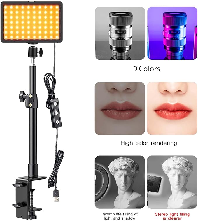 2 Pack Streaming Key Light with Desk Stand C-Clamp Stand Dimmable Video Panel Light for Video Recording Conference Webcam Laptop Zoom - Image 7