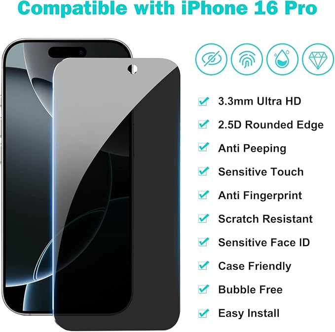 PEHAEL for iPhone 16 Pro Privacy Screen Protector+Camera Lens Protector | 3+3 Pack, Installation Frame, Cleaning kits, Anti-Spy Private, Anti-Scratch, 9H Tempered Glass, Case Friendly, [6.3 inch] - Image 2