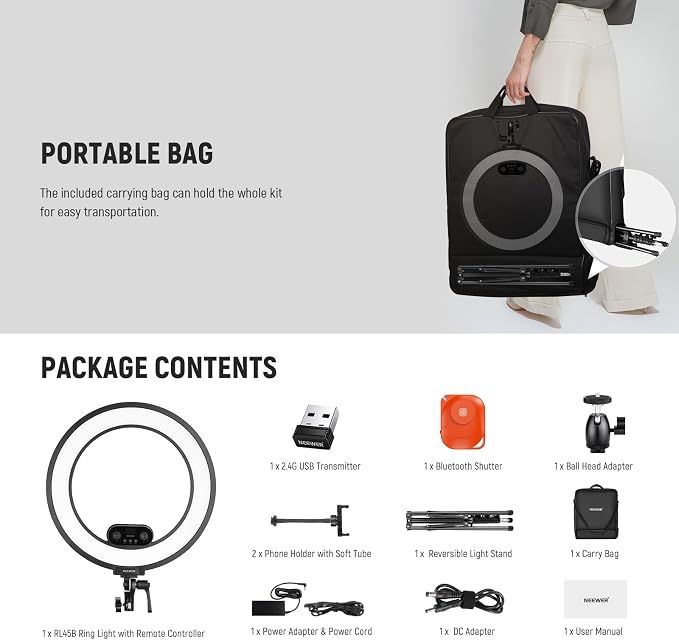 NEEWER 18 Inch Edge Lit Ring Light with Tripod Stand Phone Holder Compatible with iPhone for Video Recording Selfie Makeup Studio Streaming, 45W 2900-7000K APP 2.4G Control Ringlight Lighting, RL45B | Compatible with iPhone, Video Recording Selfie Make... - Image 9