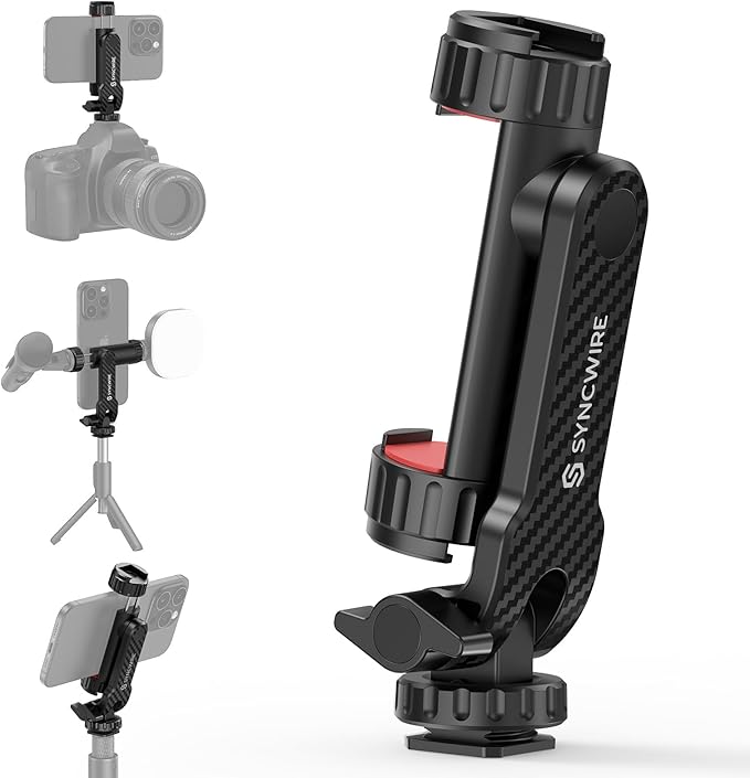 SYNCWIRE Tripod Phone Mount, Universal Smartphone Mount Adapter with 2 Cold Shoe and 1/4" Screw, 360° Rotates and 180° Tilts Adjustable Cell Phone Clamp Holder for Enhancing Mobile Photography Setup by SYNCWIRE