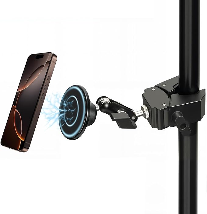 Magnetic Mic Stand Phone Holder Mount, 360° Angle Adjustment for Gym/Microphone Stand/Shopping Cart/Stroller/Handlebar,Compatible with iPhone 17/16/15/14/13/12 Series by Unknown