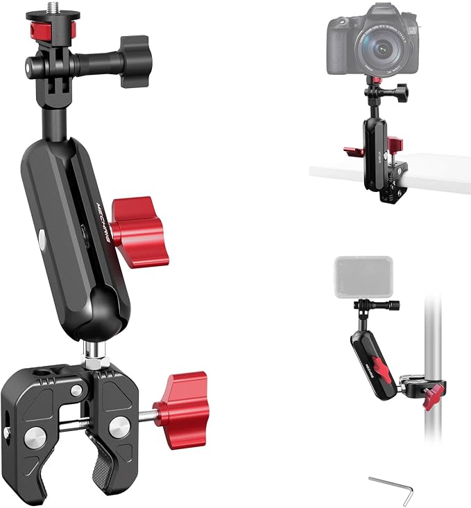 Camera Mount Super Clamp, Double Ballhead Magic Arm Clamp for GoPrO/Pocket 3 /lnsta360 X3 X4 /DSLR/Monitor/LED Light/Flash/Microphone,360°Rotating & 1/4”Screw & CNC Ebike Handlebar Clip Kit, JC008 by Mechrig