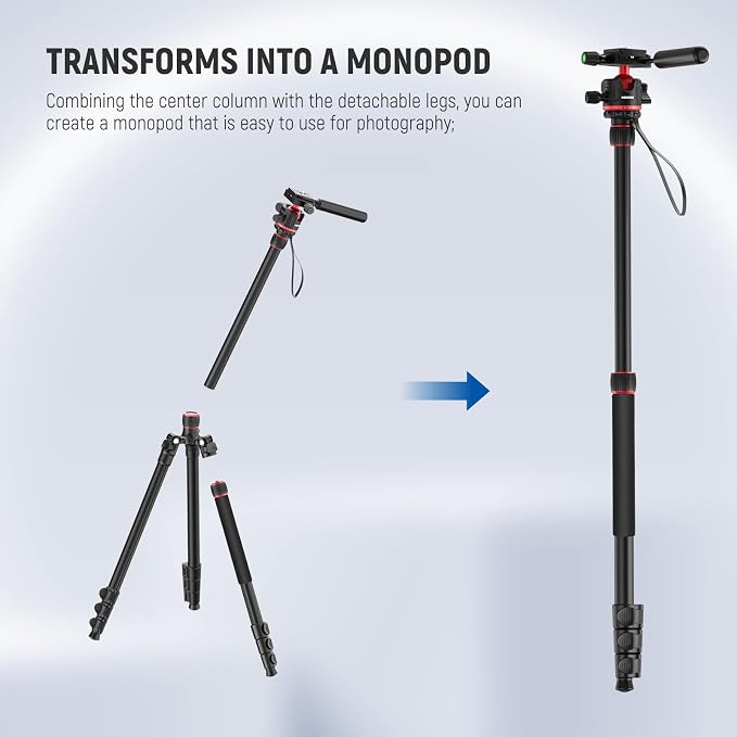 NEEWER BASICS Camera Tripod Monopod, 77" Compact Lightweight Travel DSLR Video Stand 360° Ball Head, Arca Type QR Plate, Reversible Legs, Inverted Central Axis & 2 Cleaning Cloths, 13lb Max Load, TP08 - Image 6