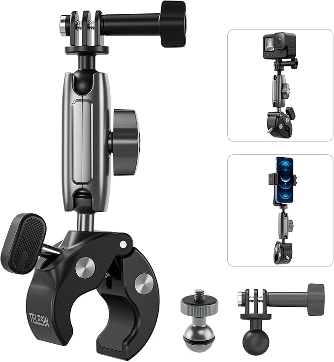 TELESIN Super Clamp Camera Mount with 360° Dual Ball Head, Bike/Bicycle/Motorcycle Handlebar Mount for GoPro Mission 1 PRO/DJI Osmo Pocket 4 3/ DJI Action 6 5 4/ Insta360 Luna Ultra/Xtra Muse Camera by telesin