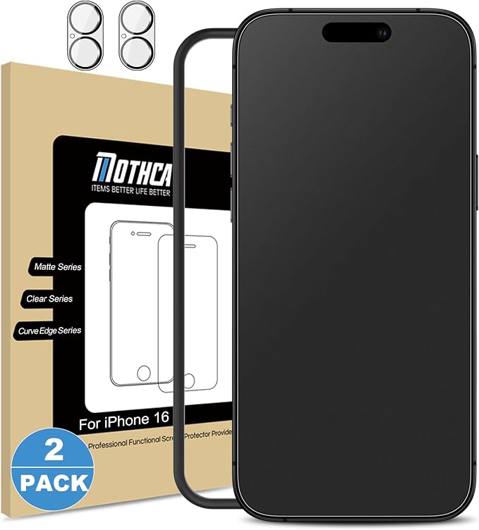 Mothca 2 Pack Matte Glass Screen Protector for iPhone 16 [6.1 inch] + 2 Pack Camera Lens Protector, Anti-Glare & Anti-Fingerprint Case Friendly Tempered Glass Film, Bubble Free, Smooth as Silk by MothcaDirect