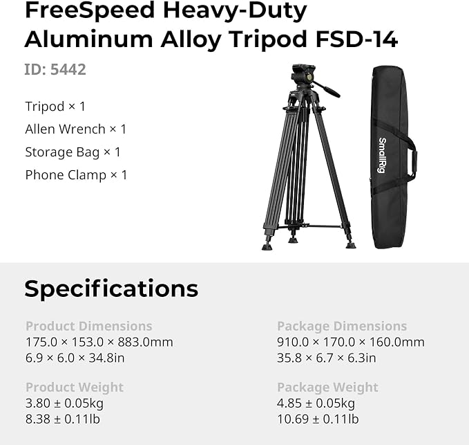 SmallRig FreeSpeed Heavy Duty Video Tripod, 74" Camera Tripod with 360° Fluid Head for Manfrotto Plate, One-Knob Quick Extend, 75mm Bowl, Load up 17.64lb for DSLR Mirrorless Camera, Camcorder- FSD14 - Image 9