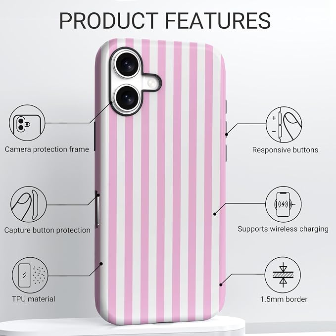 TPU Phone Case for iPhone 16, MagSafe Wireless Charging Compatible, Shockproof Slim Fit Protective Cover with Anti-Yellowing & Raised Camera Protection (Pink Stripe, iPhone 16) - Image 4