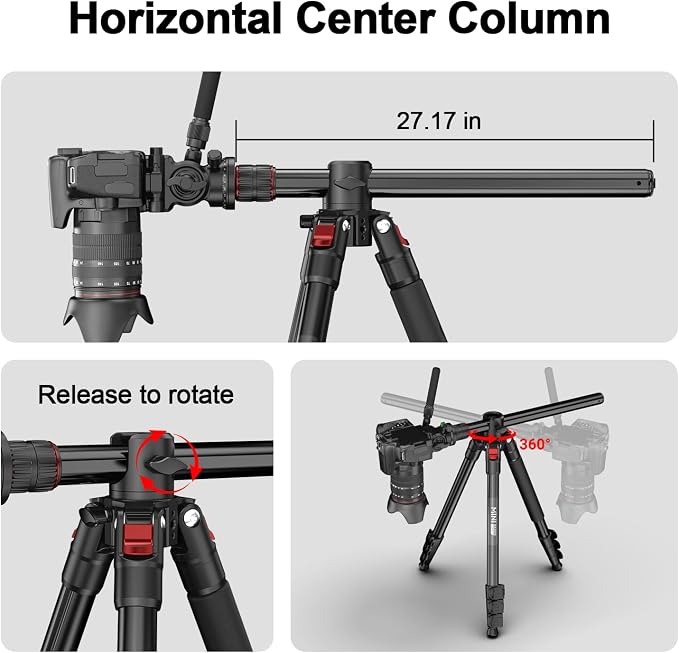 72" Overhead Camera Tripod with Fluid Head,Horizontal Tripod for Top-Down Product & Food Photography,Detachable Monopod&Invertible Center Column,Aluminum Tripod for DSLR Camcorder Spotting Scope - Image 2