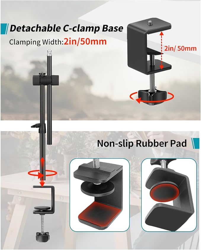 Overhead Camera Mount Desk Stand, Camera Arm Desk Mount Clamp Stand with 360°Adjustable Magic Arm, Webcam Arm Mount Stand w Ballhead Phone Mount for Desk Logitech Microphone Video Light Cell Phone - Image 7