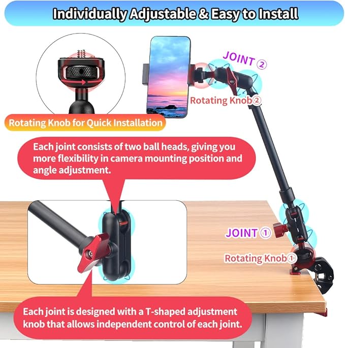 13"/34cm Magic Arm w Clamp, Camera Mount & Clamp w 1/4" 3/8" Threads and Articulating Friction Magic Arm, Overhead Phone Mount, Camera Boom Arm Mount for Light Webcam Mic Action Camera Monitor - Image 3