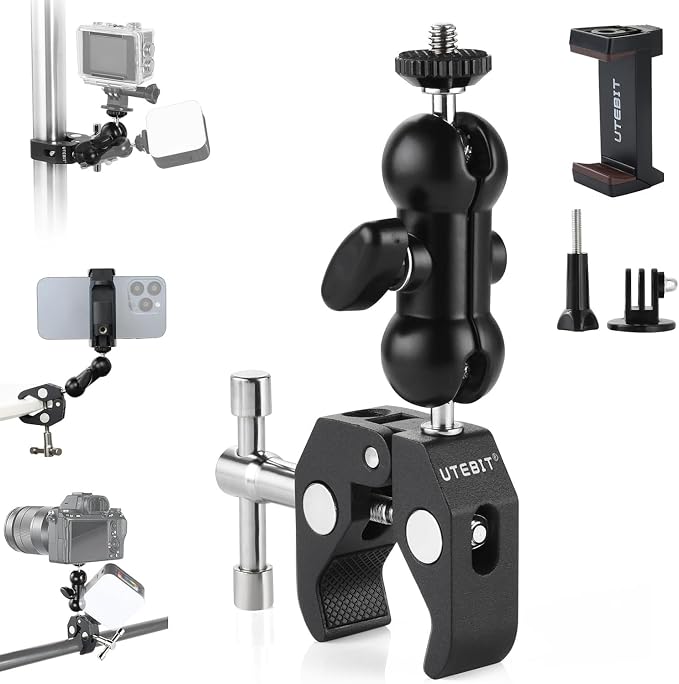Super Clamp Camera Mount with 360° Ballhead Magic Arm, Black | Super Clamp Mount with 1/4" and 3/8" Thread, Desk/Bike/Bicycle/Motorcycle/ Handlebar for GoPro, Phone, Camera, Monitor by UTEBIT