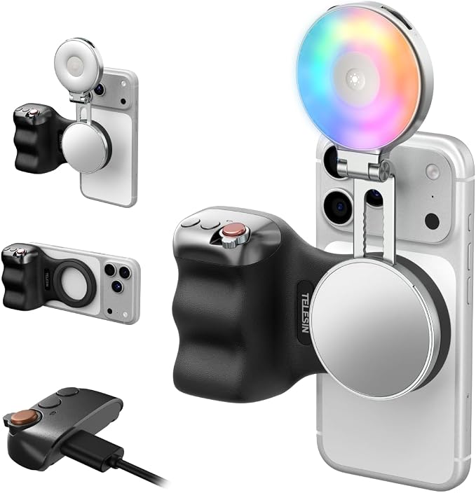 TELESIN Fun Shot Magnetic Phone Camera Grip & 4 in 1 RGB Selfie Light Kit | Phone Selfie Grip Creator Bundle Kit Compatible with iPhone Magsafe & Android Selfies/Photography/TikTok/Zoom Calls/Video by telesin